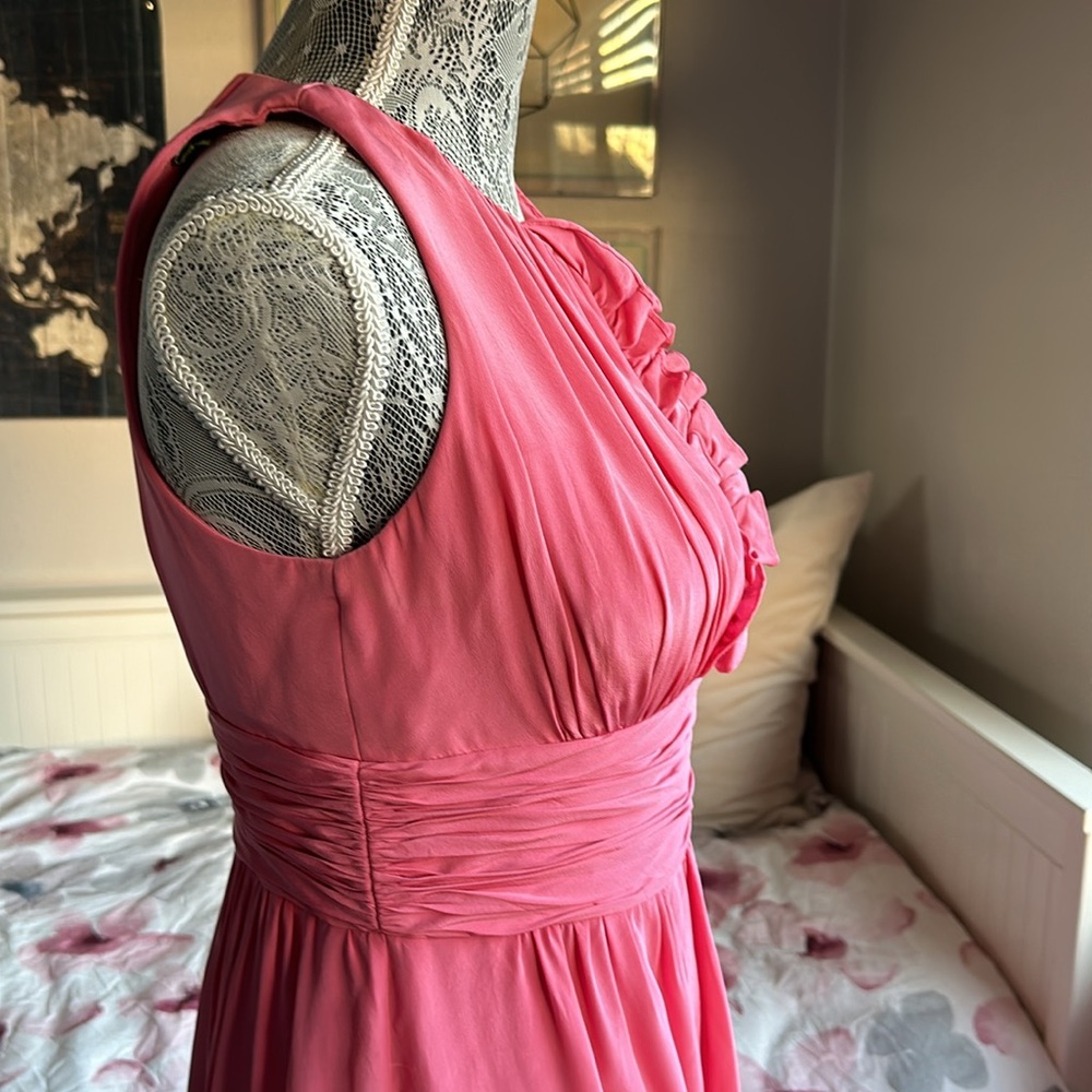 Kay Unger Pink Silk Ruffle Ruched Cocktail Dress, Deep V-Neck & Back Opening - Picture 4 of 11